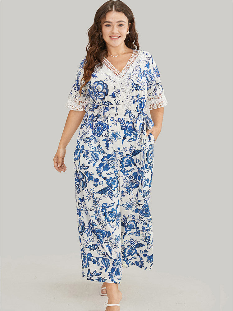 Floral Belted Pocket Lace Trim Wrap Jumpsuit-Sweetccc
