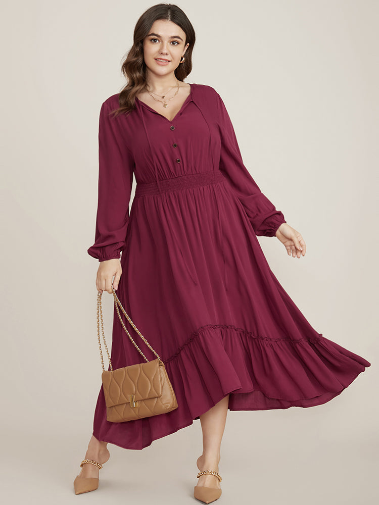 Solid Pocket Button Detail Tie Neck Shirred Ruffles Dress-Sweetccc