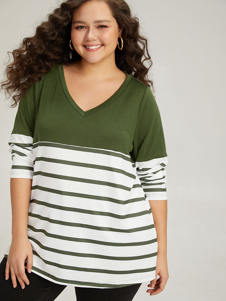 Striped Patchwork Contrast V Neck Sweatshirt-Sweetccc