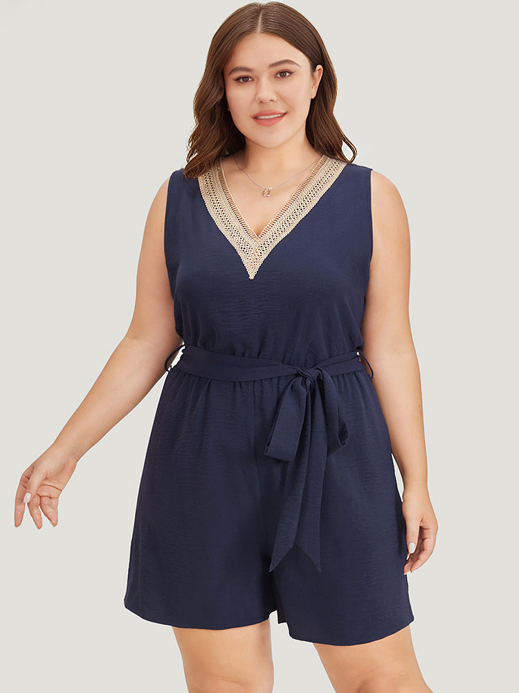 Solid Pocket Contrast Lace Belted Tank Romper-Sweetccc