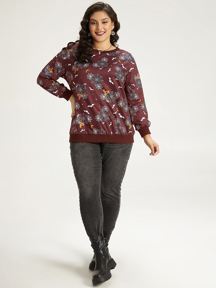 Halloween Print Elastic Cuffs Round Neck Sweatshirt-Sweetccc