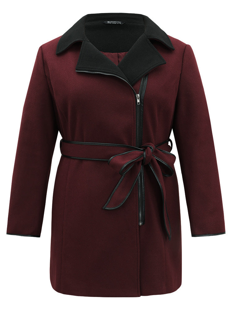 Lapel Collar Contrast Patchwork Zipper Belted Coat-Sweetccc