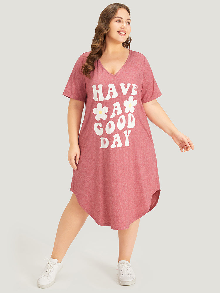 Supersoft Essentials Letter & Floral Print V Neck Curved Hem Dress-Sweetccc
