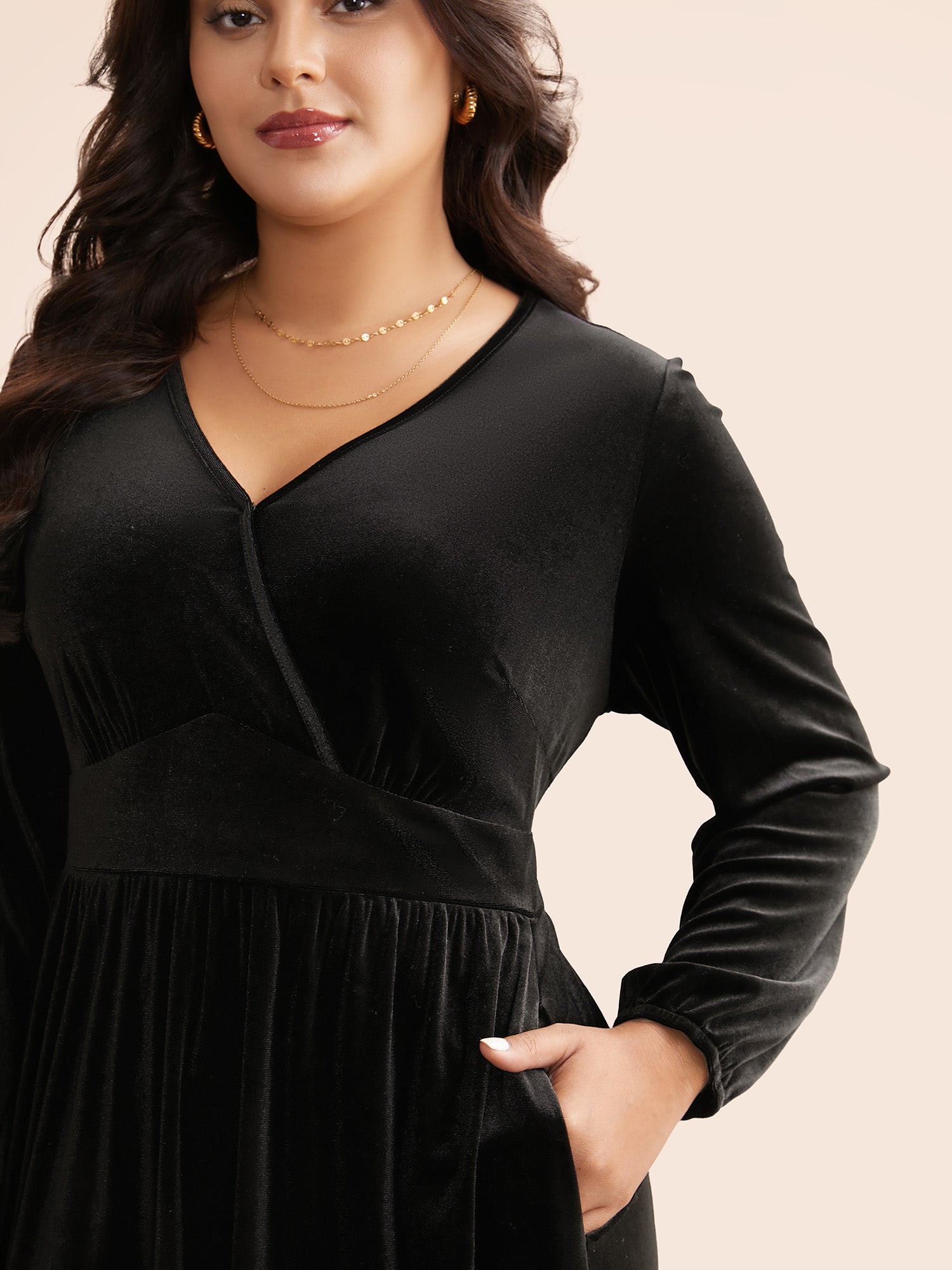 Velvet Overlap Collar Shirred Gathered Dress-Sweetccc