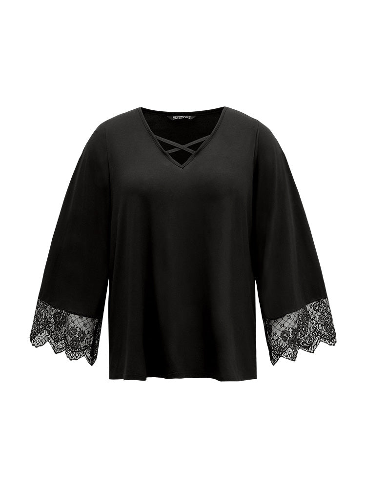 Guipure Lace Crisscross Flutter Sleeve T-shirt-Sweetccc