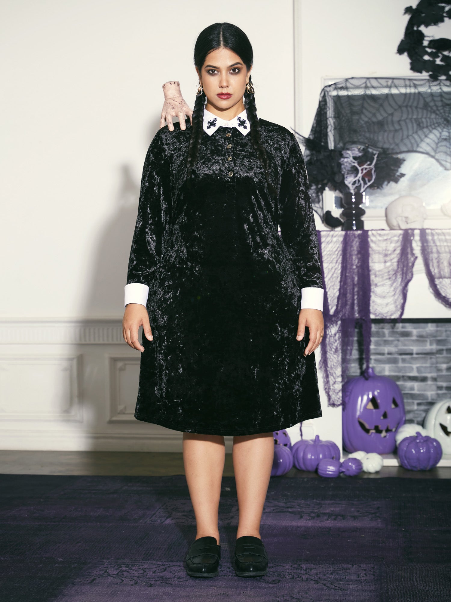 Stretch Velvet Collared Midi Dress-Sweetccc