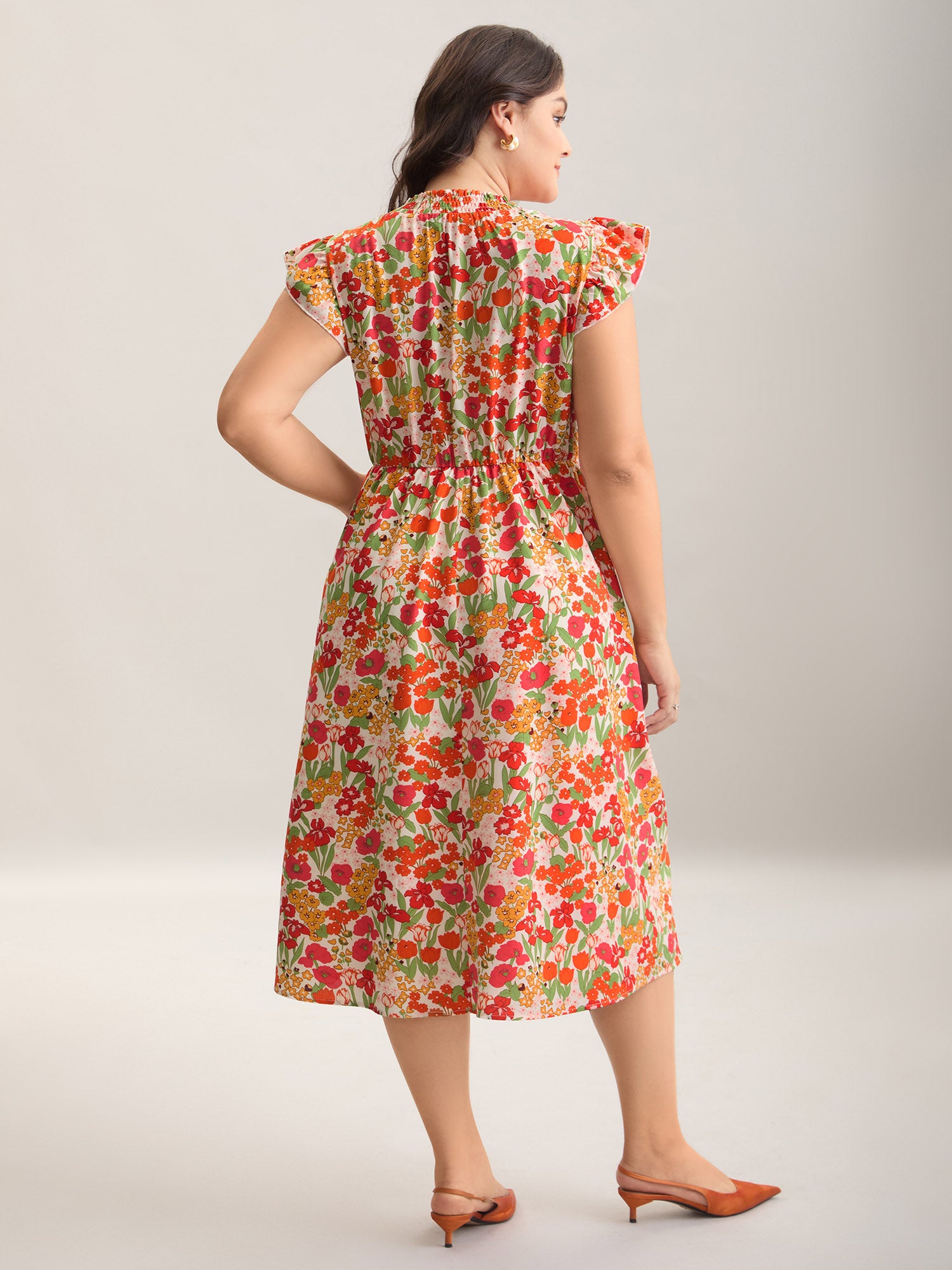 Floral Print Shirred Pockets Midi Dress-Sweetccc
