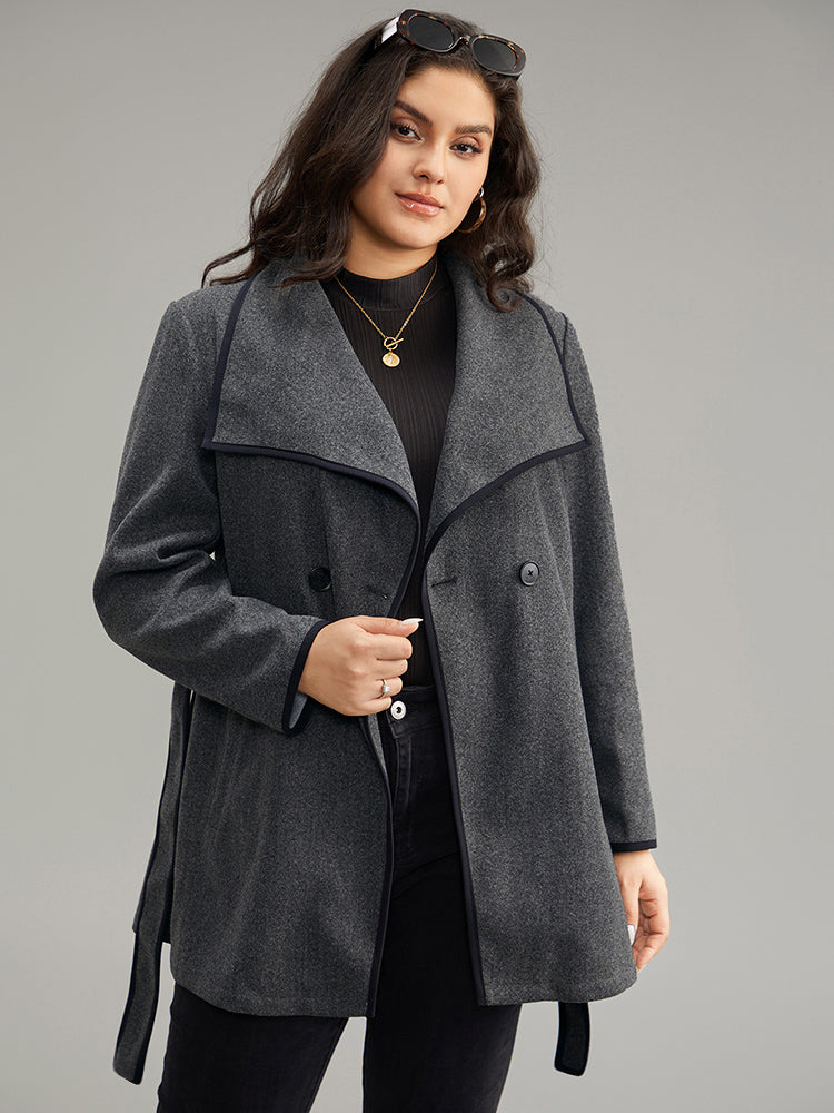 Lapel Collar Contrast Trim Belted Button Up Coat-Sweetccc