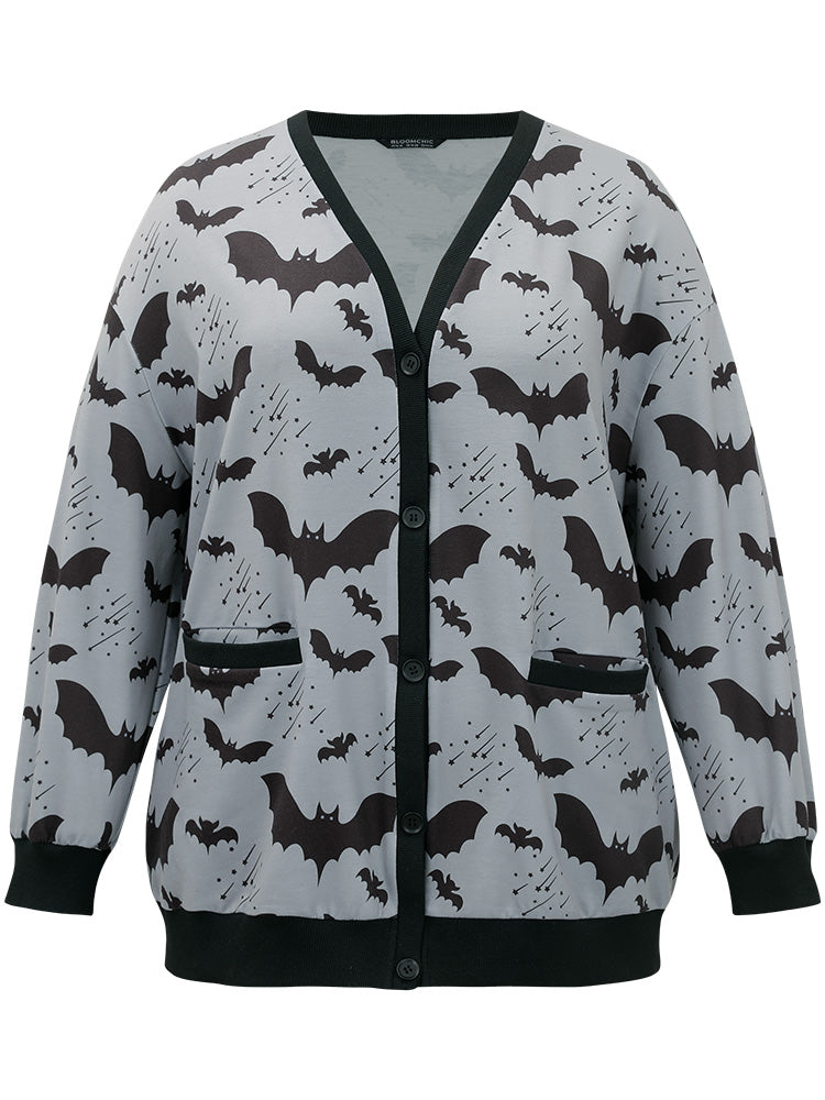 Halloween Bat Print Pocket Button Up Rib Knit Coat-Sweetccc