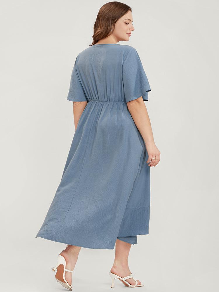 Solid Keyhole Round Neck Pocket Ruffle Trim Rib Knit Dress-Sweetccc