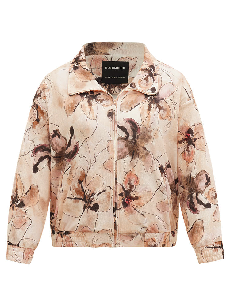 Floral Zipper Gathered Elastic Cuffs Jacket-Sweetccc