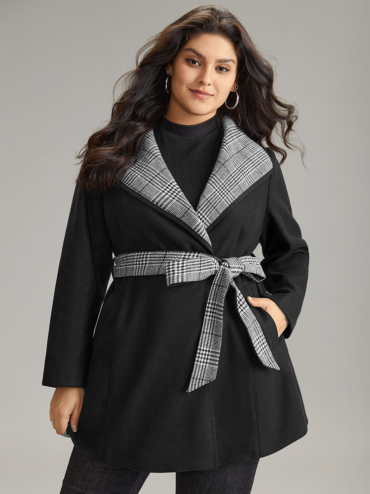 Lapel Collar Patchwork Belted Contrast Coat-Sweetccc