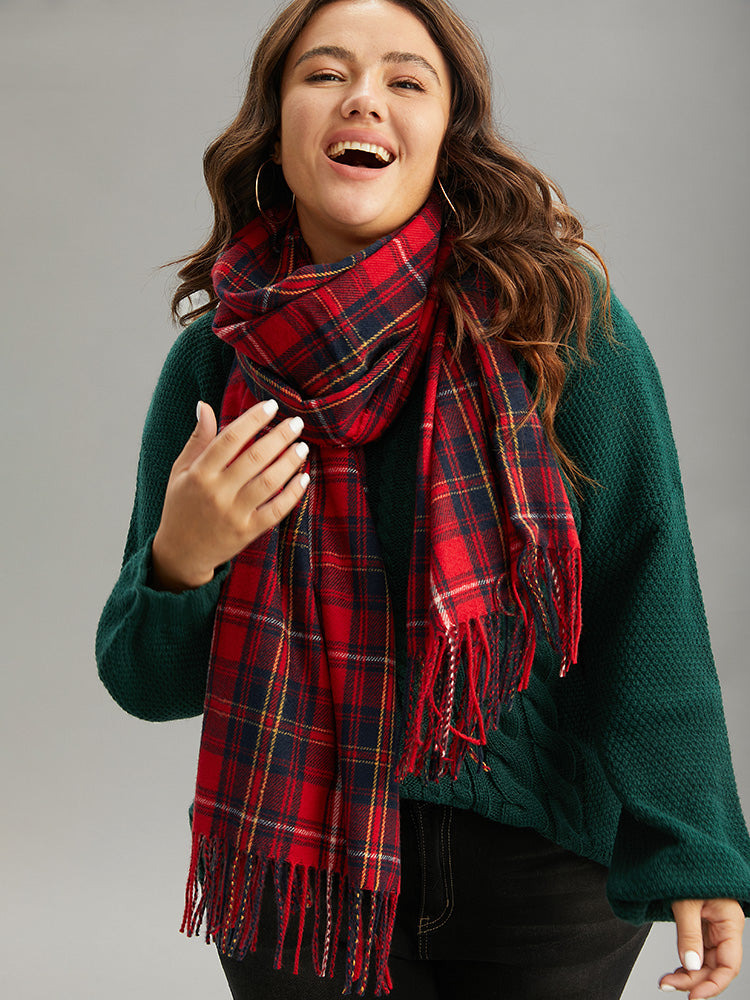 Letter Patched Plaid Print Fringe Trim Scarf-Sweetccc
