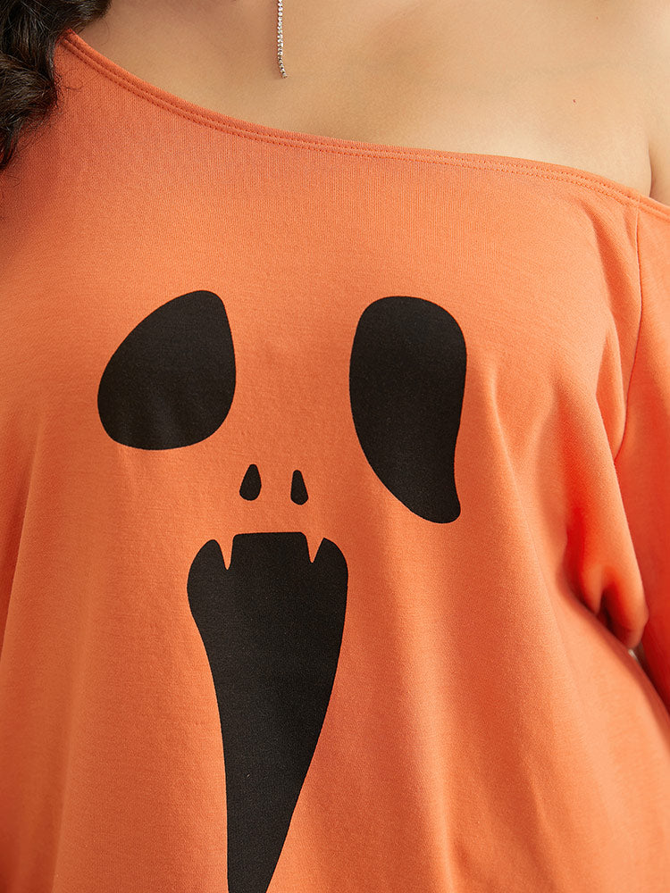 Halloween Print One Shoulder Raglan Sleeve Sweatshirt-Sweetccc