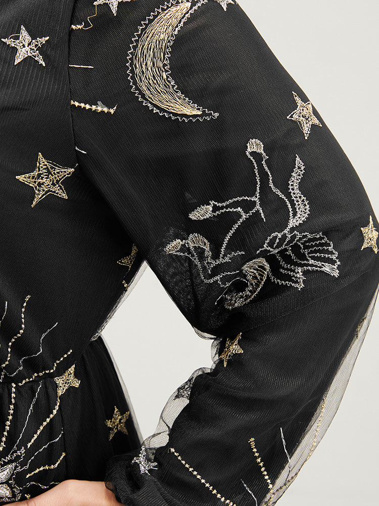 Moon And Star Pocket Lantern Sleeve Embroidered Mesh Dress-Sweetccc