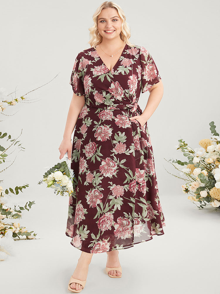 Floral Print Belted Surplice Neck Flutter Pocket Maxi Dress-Sweetccc
