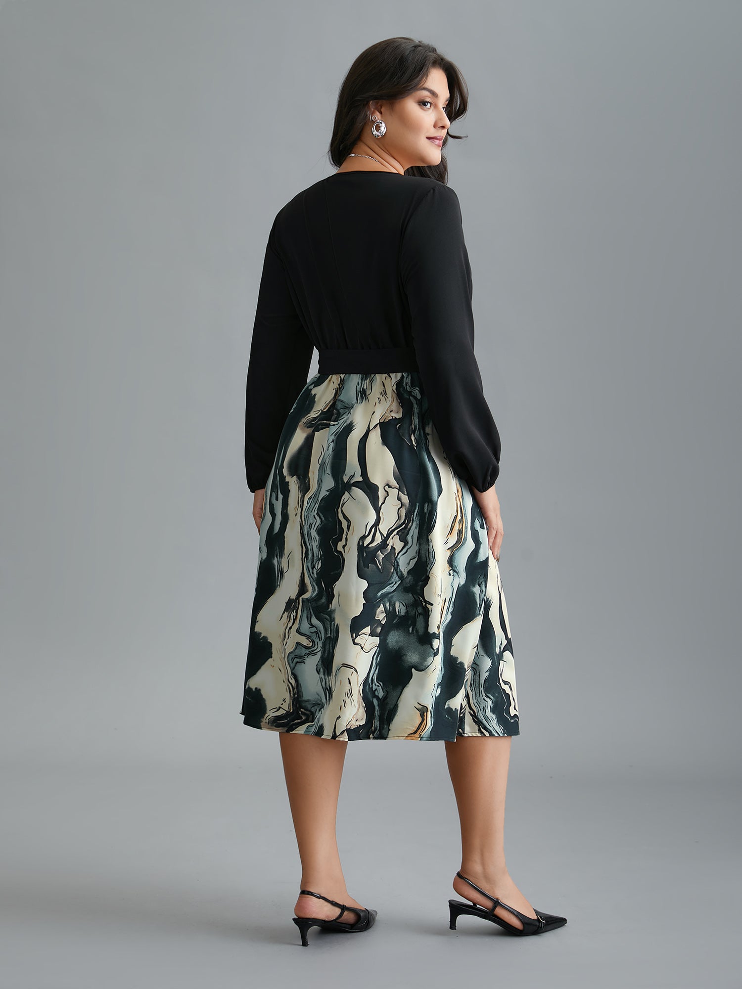 Surplice Neck Marble Print Belted Dress-Sweetccc