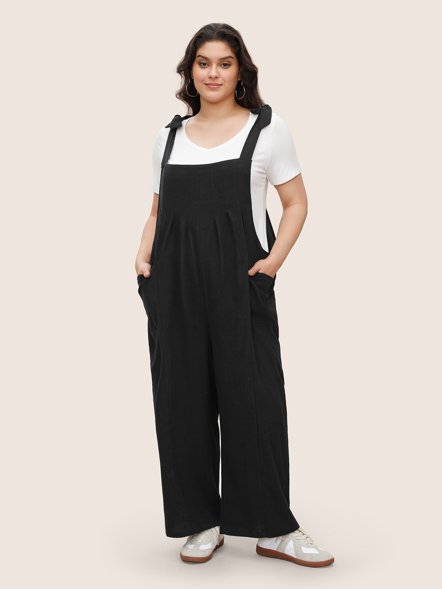Solid Pleated Detail Pocket Knotted Shoulder Overall Jumpsuit-Sweetccc