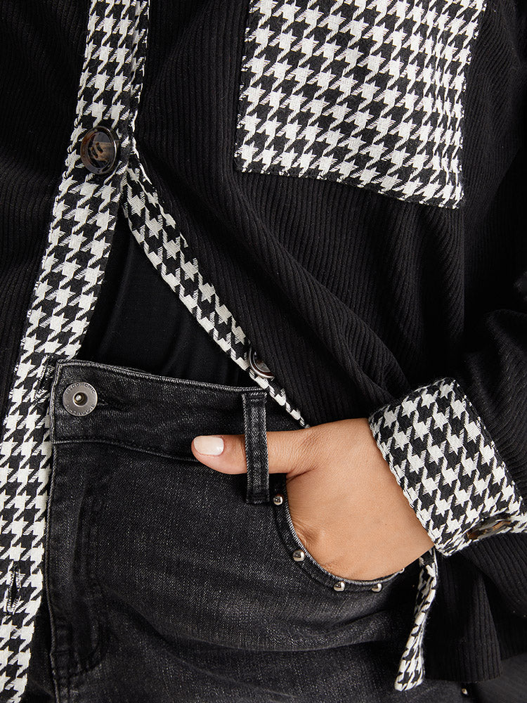 Houndstooth Patchwork Pocket Button Through Corduroy Coat-Sweetccc