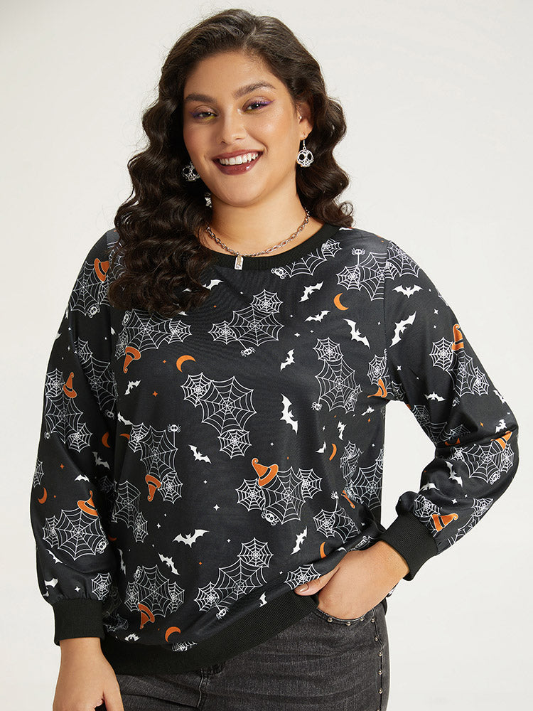 Halloween Print Elastic Cuffs Round Neck Sweatshirt-Sweetccc