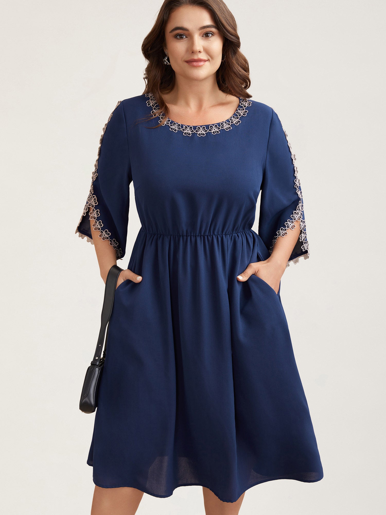Lace Detail Trumpet Sleeve Midi Dress-Sweetccc