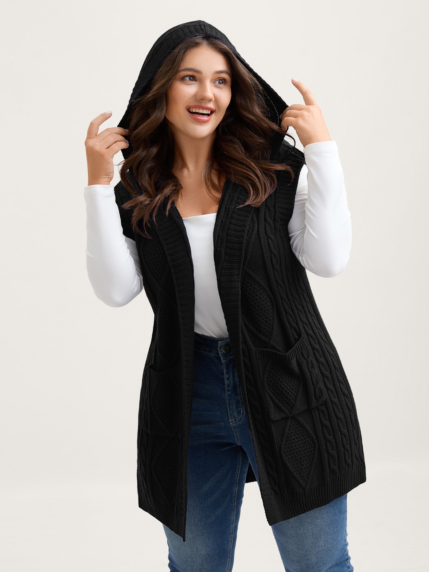 Twisted Hooded Sleeveless Knit Cardigan-Sweetccc