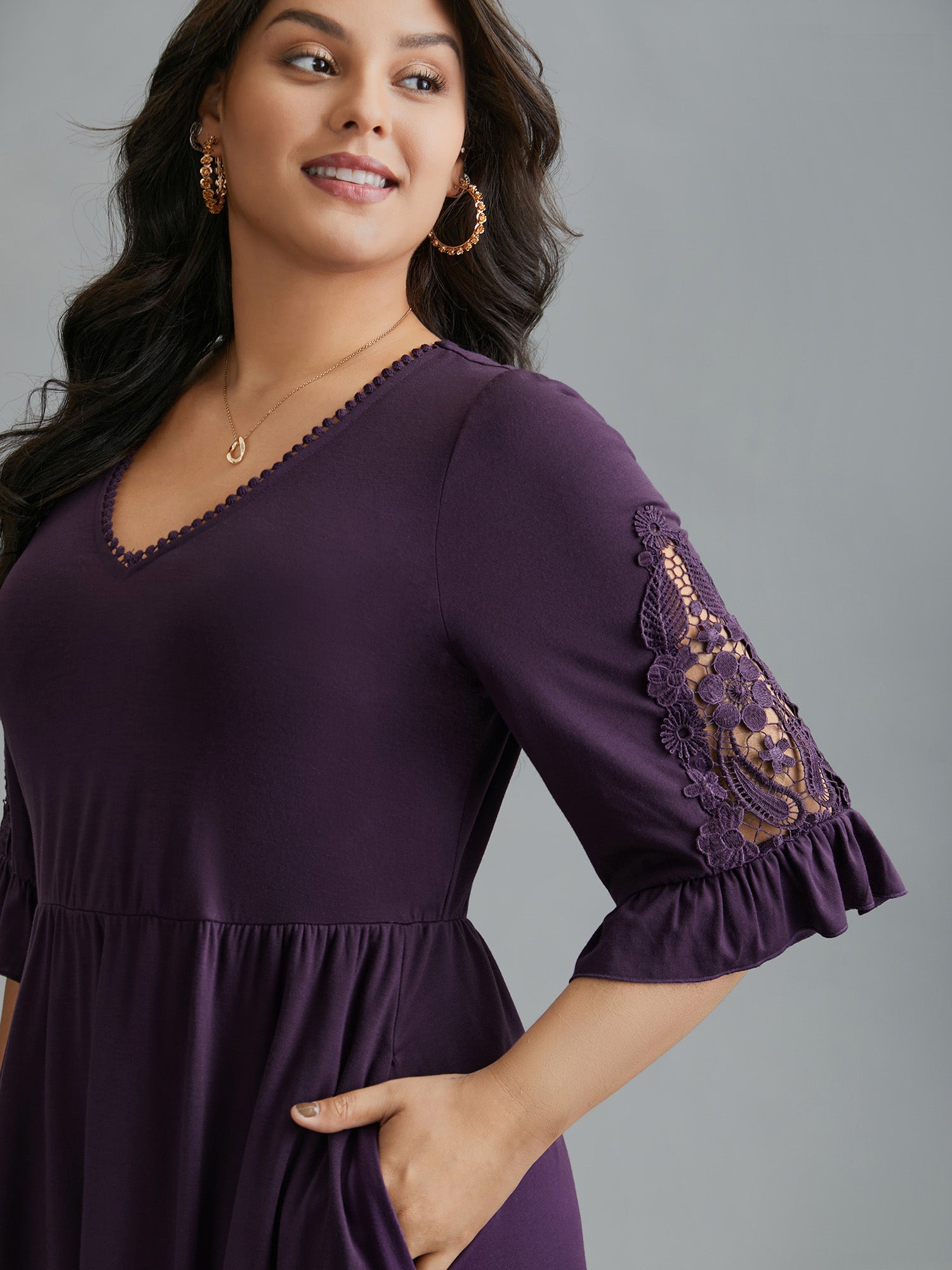 V Neck Plain Crochet Lace Mesh Dress-Sweetccc