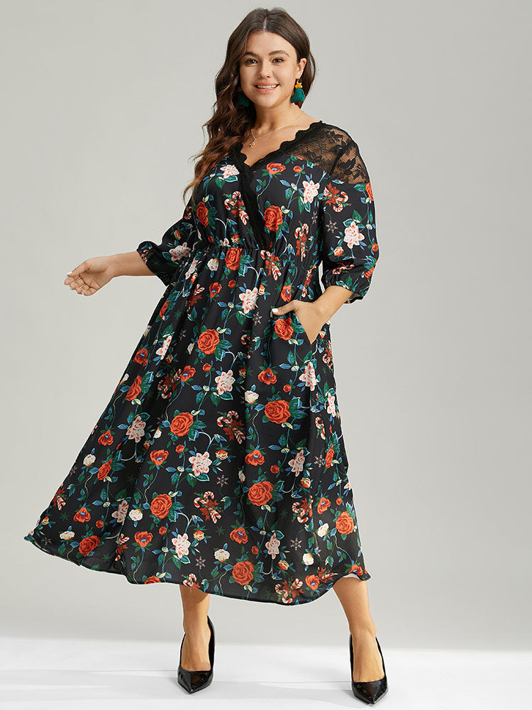 Floral Crochet Lace Mesh Overlap Collar Dress-Sweetccc