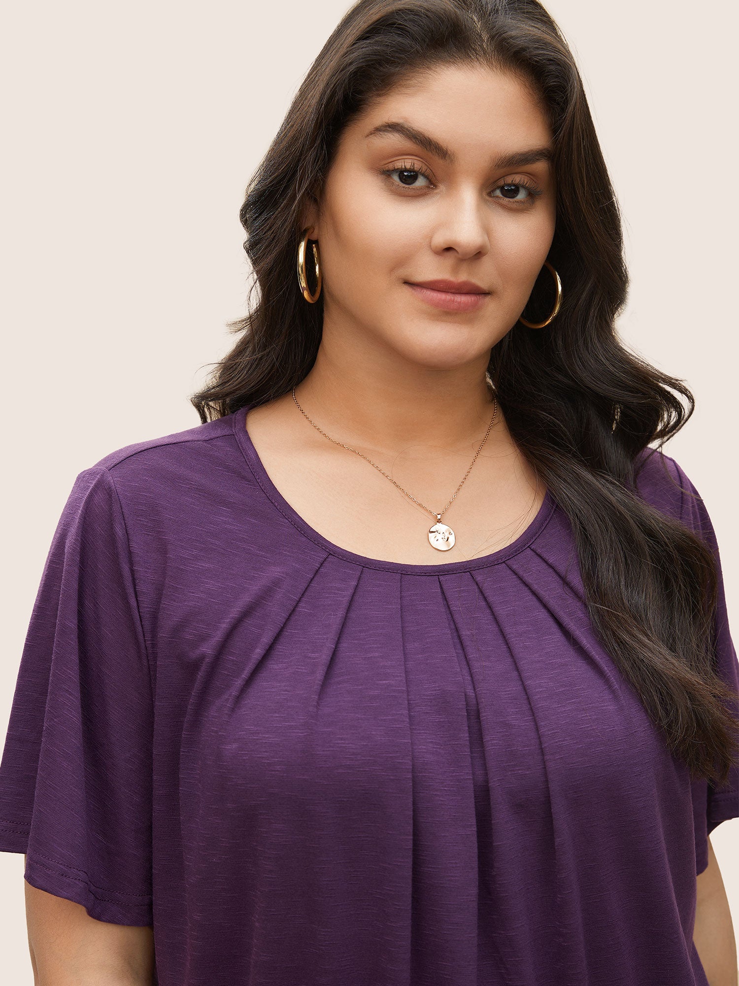 Solid Plicated Detail Flutter Sleeve T-shirt-Sweetccc