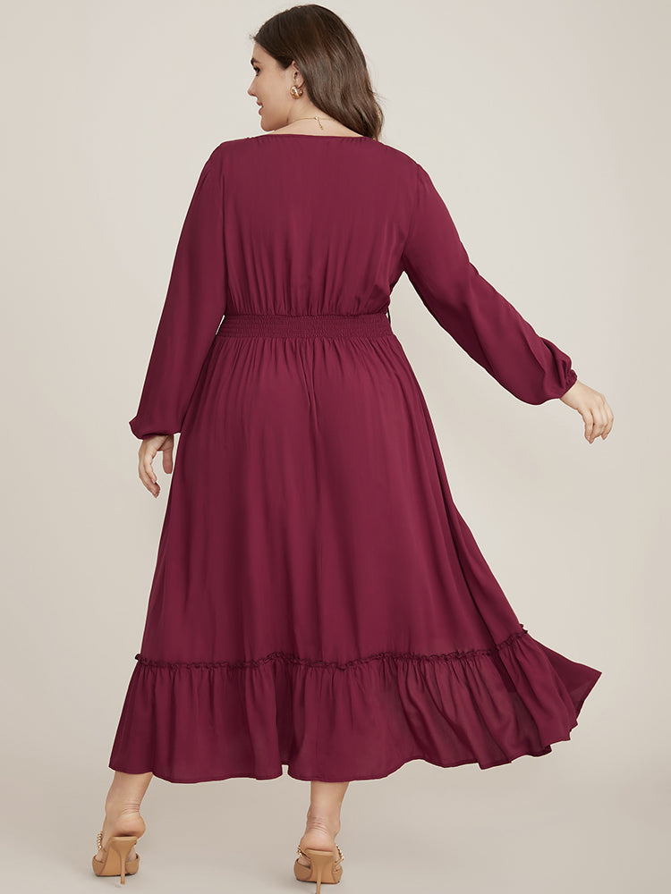 Solid Pocket Button Detail Tie Neck Shirred Ruffles Dress-Sweetccc