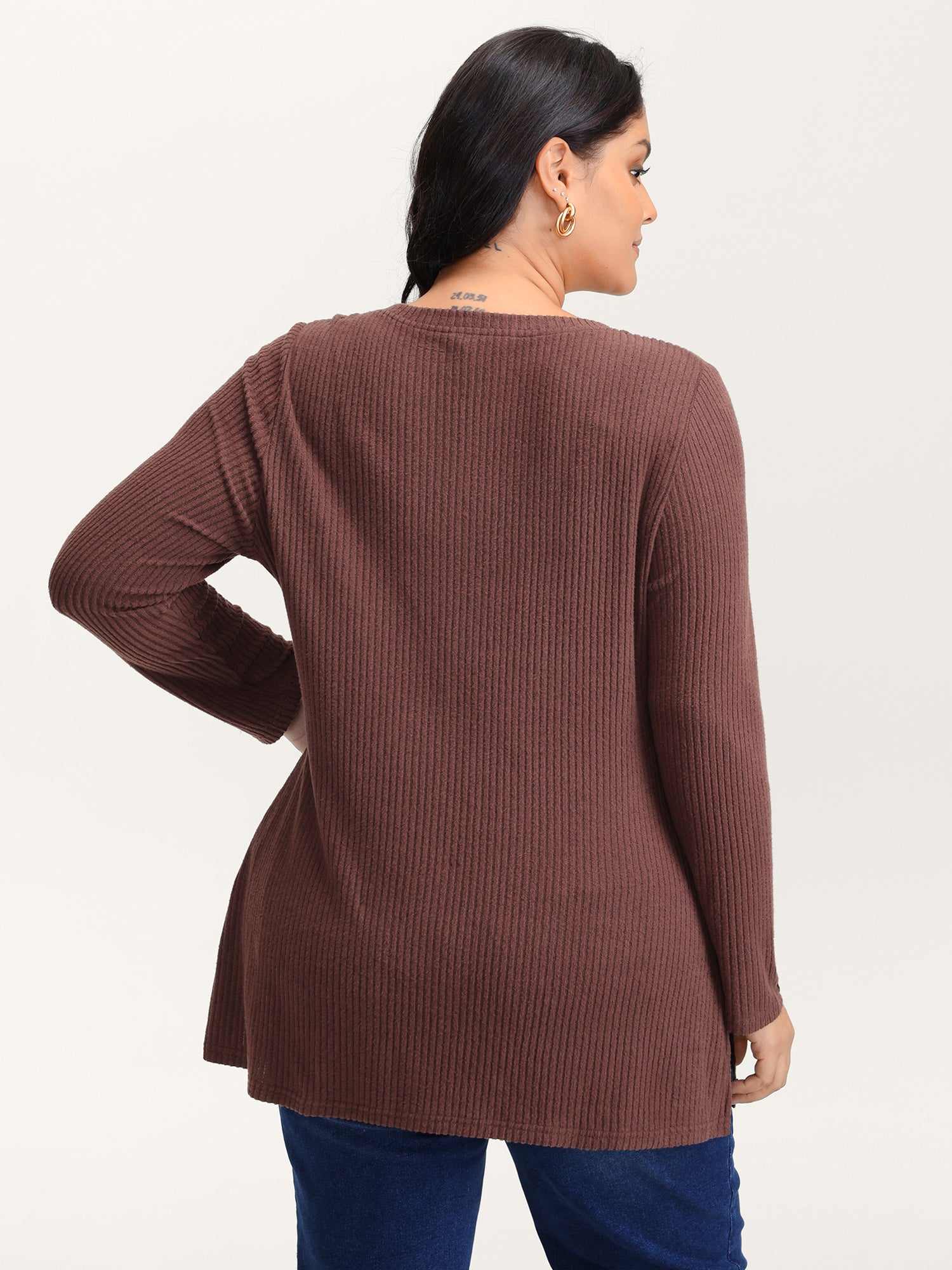 Stretchy Brushed Ribbed Button Detail T-Shirt-Sweetccc