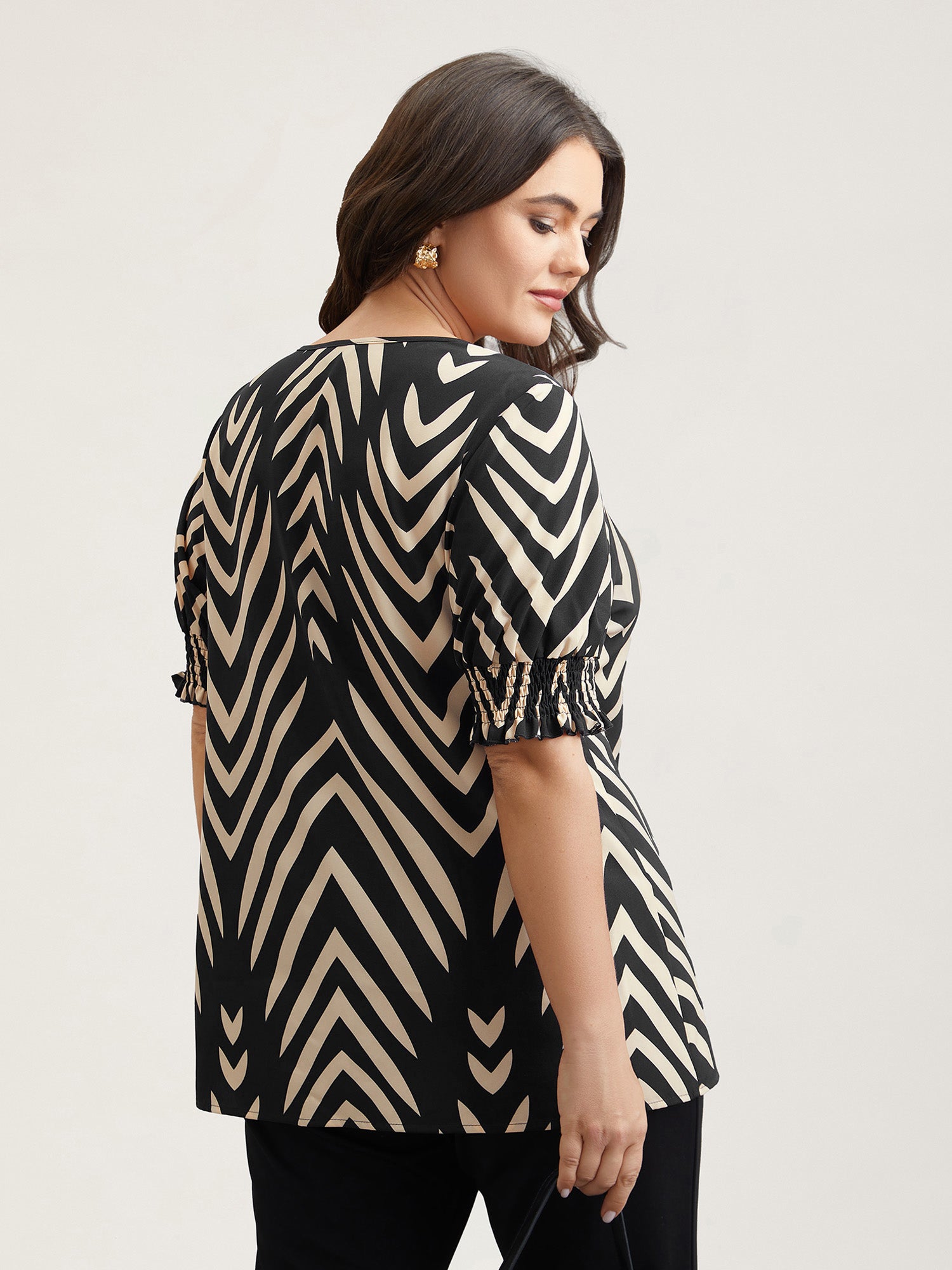 Geometric Print Ruffled Shirred Shirt-Sweetccc
