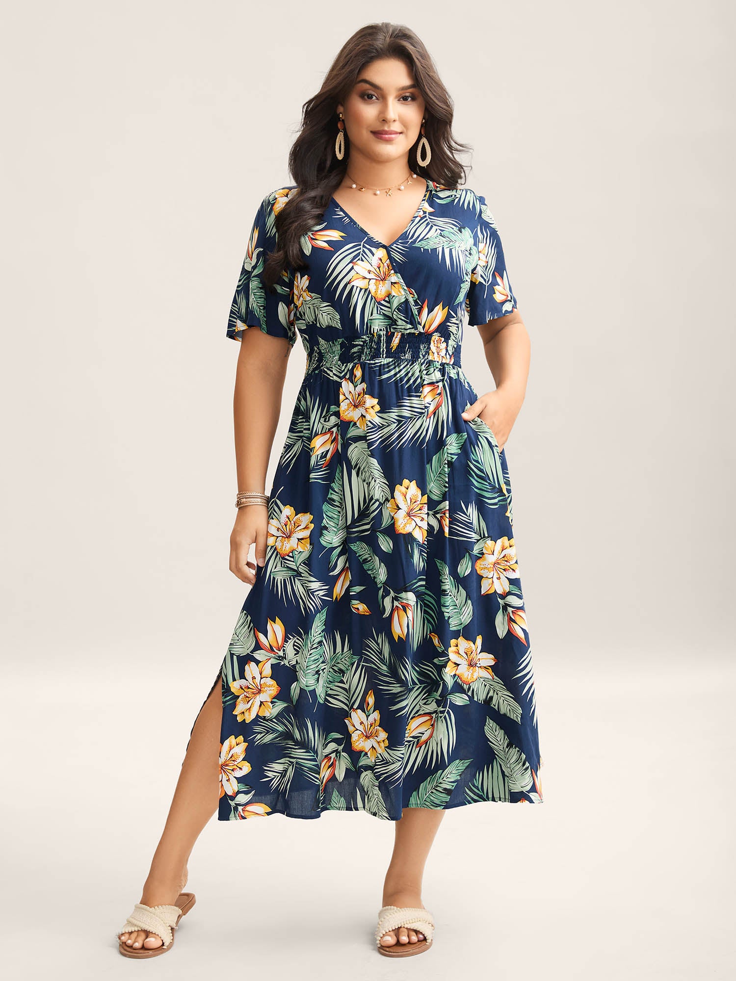 Tropical Floral Print Shirred Waist Midi Dress-Sweetccc