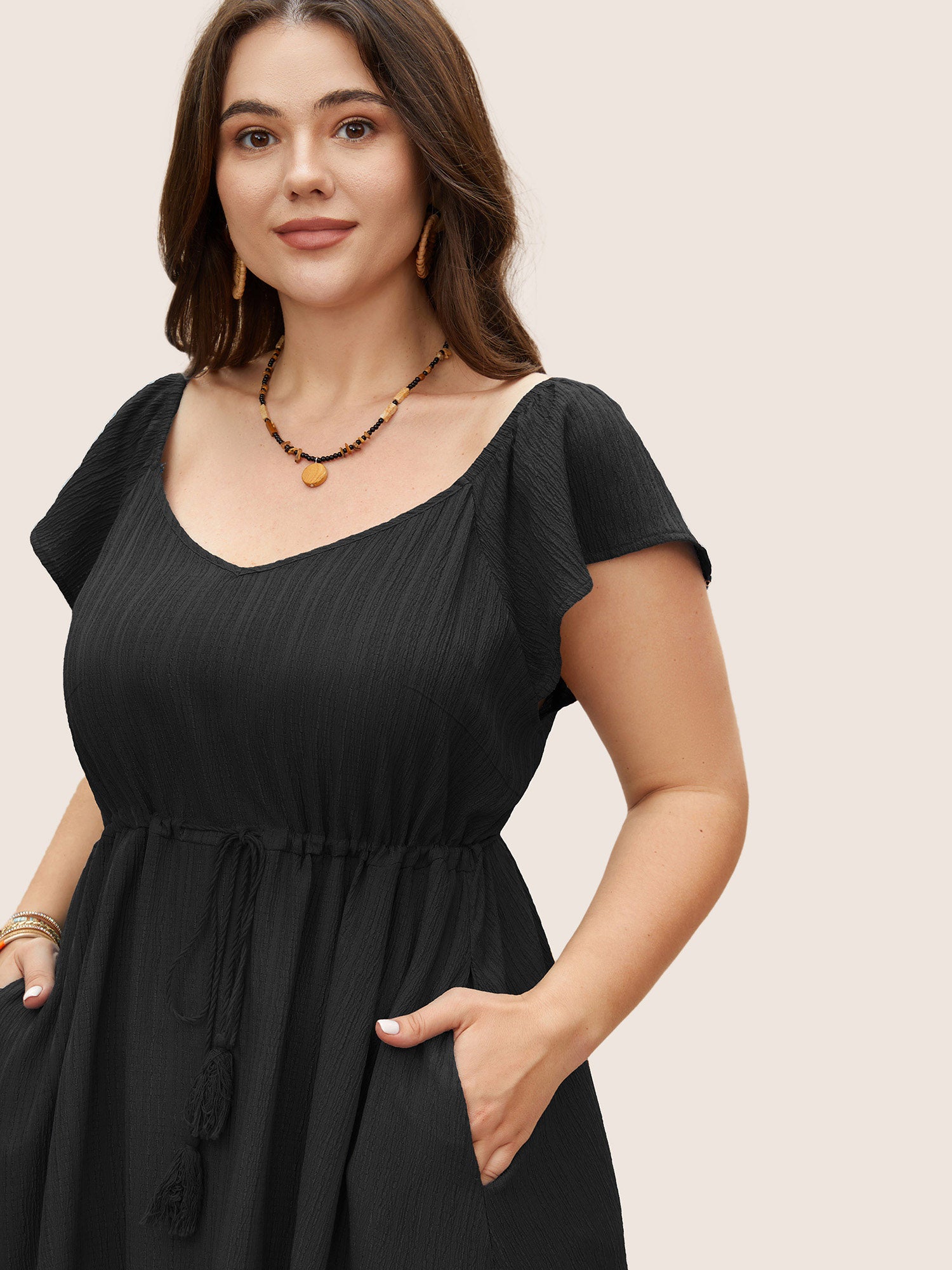 Texture Drawstring Tie Knot Tassels Dress-Sweetccc