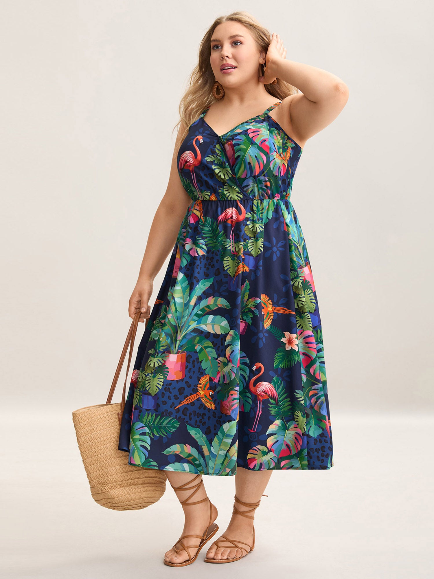 Tropical Pattern Surplice Pockets Midi Dress-Sweetccc