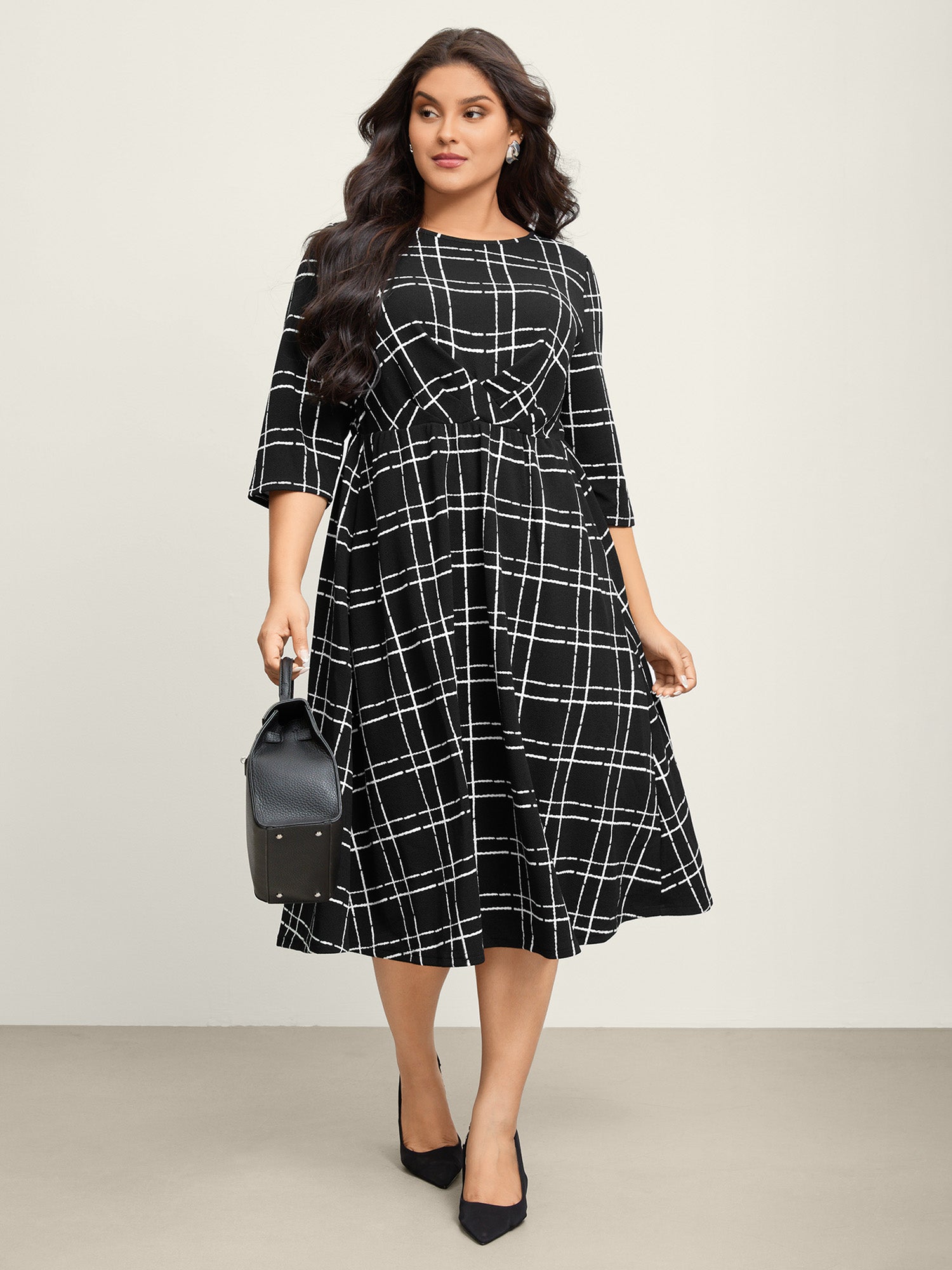 Grid Print Pleated Front Overlap Midi Dress-Sweetccc