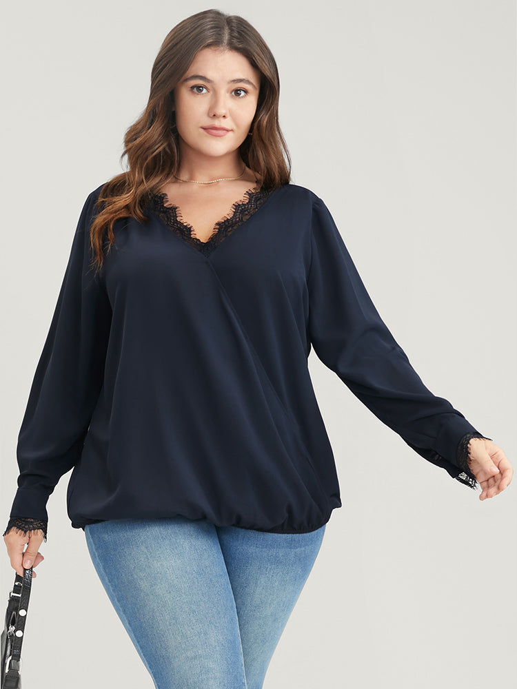 Solid Lace Trim Wrap Blouse-Sweetccc