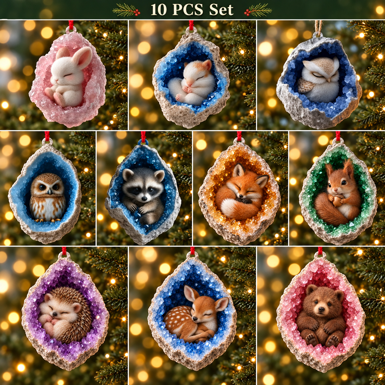 All ten Geode Animal Ornament designs