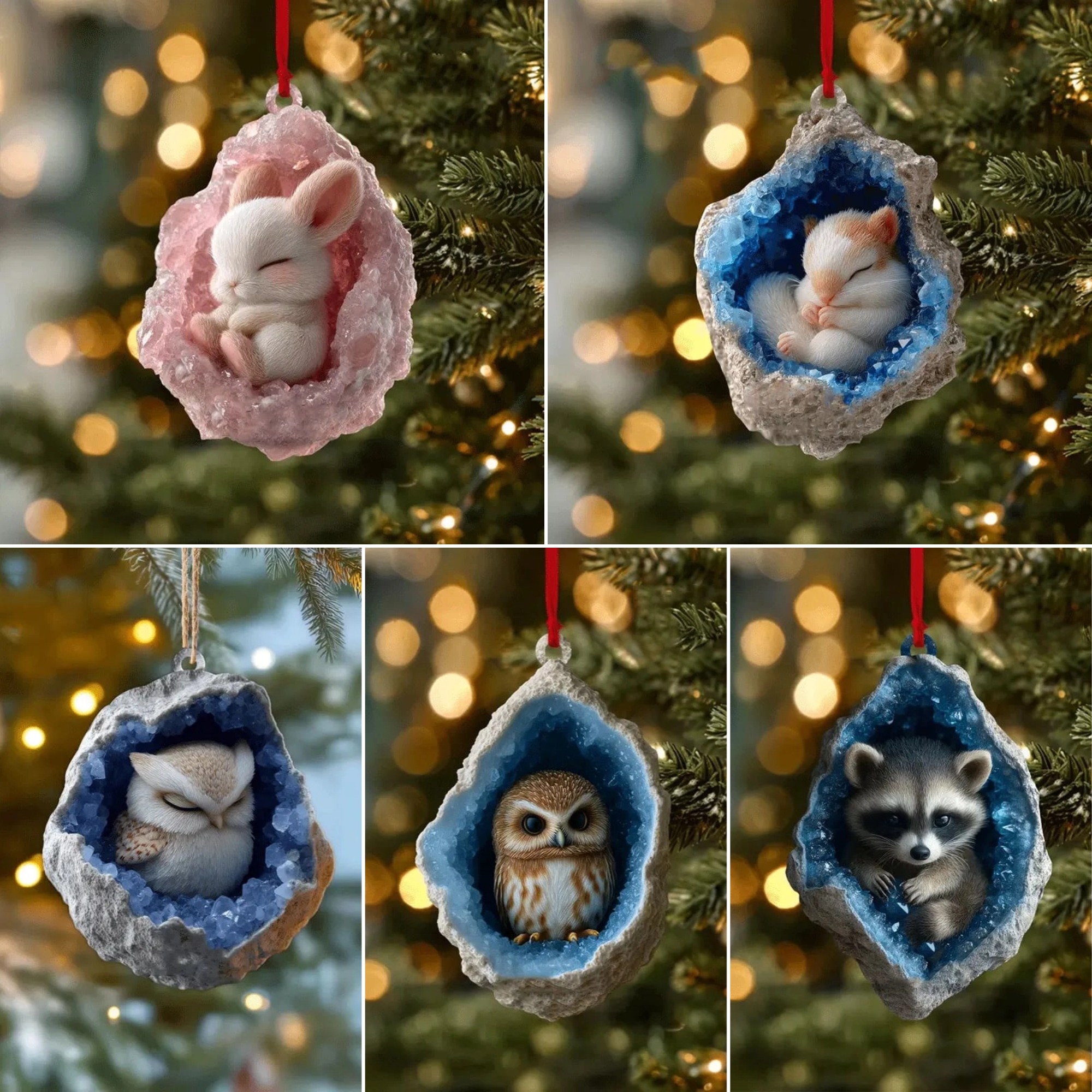 Cozy Critters five-piece set: White Owl, Owl, Raccoon, Squirrel and Rabbit