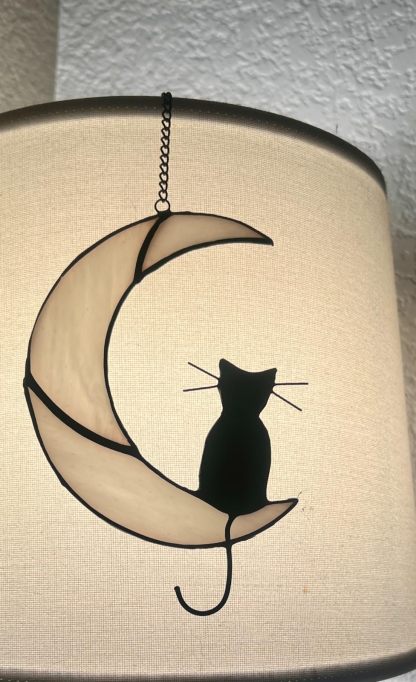 Black Cat Decor On White Moon Stained Glass