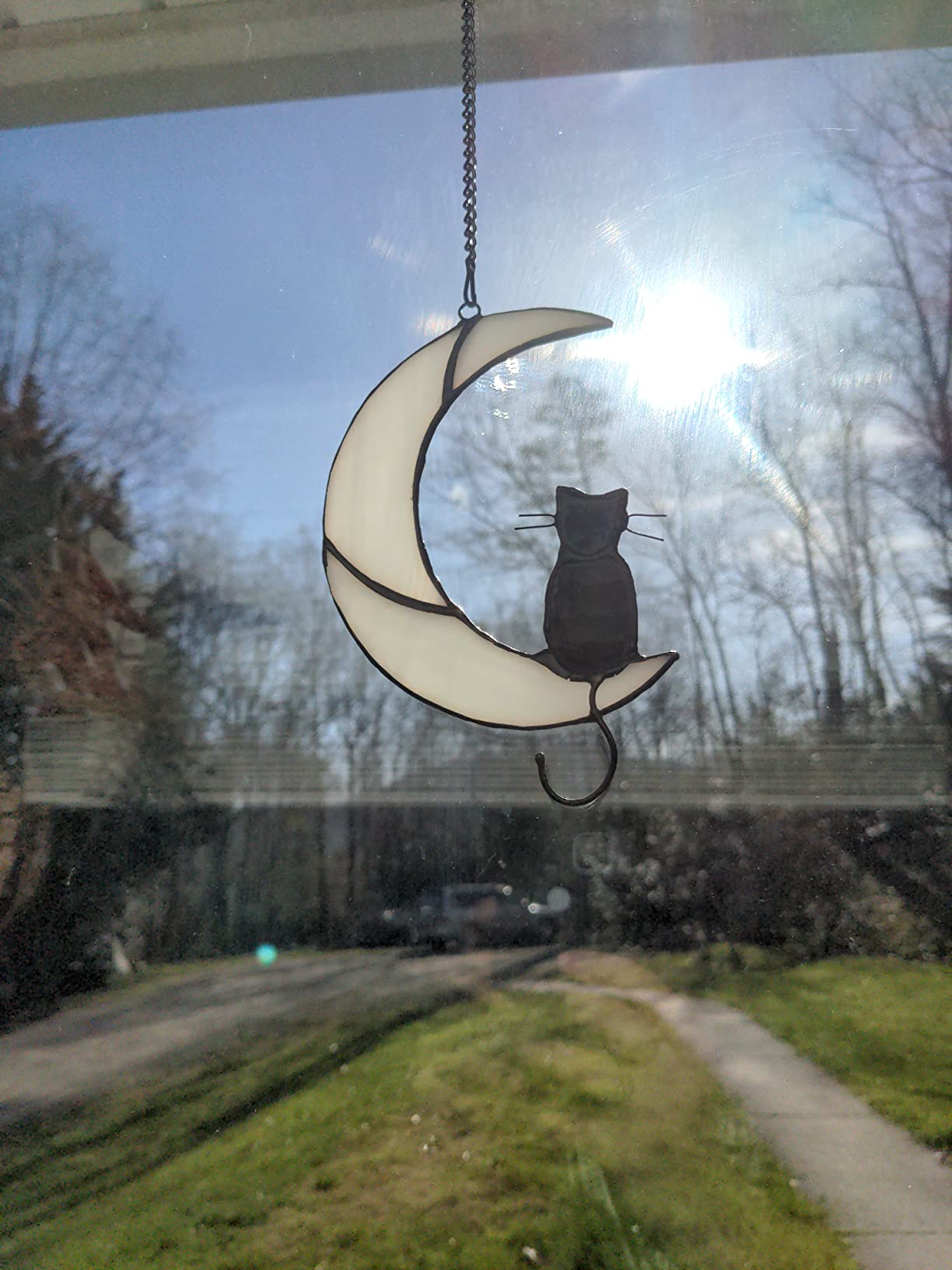 Black Cat Decor On White Moon Stained Glass