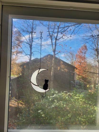 Black Cat Decor On White Moon Stained Glass