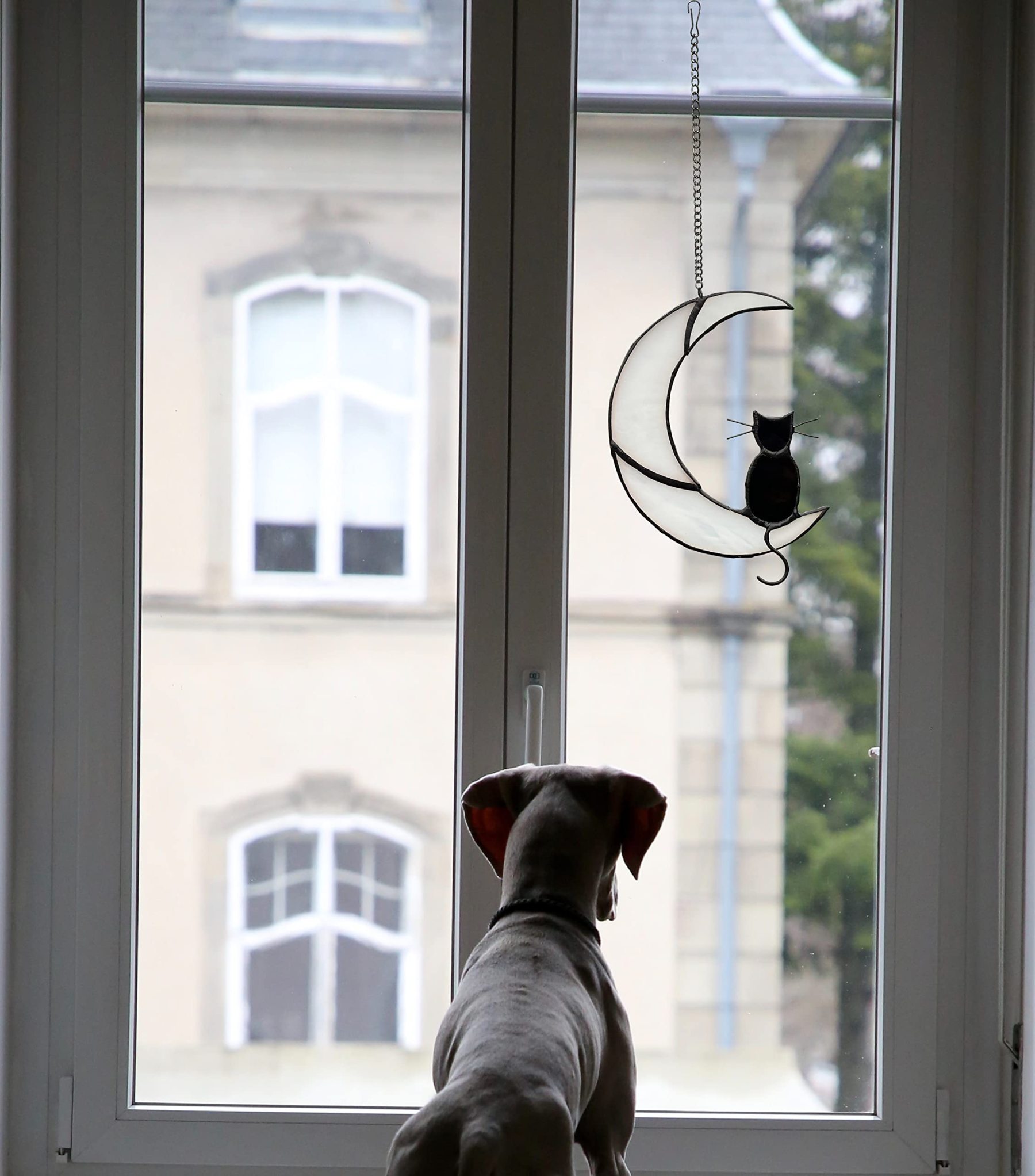 Black Cat Decor On White Moon Stained Glass