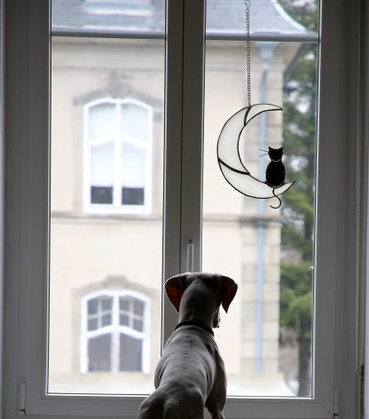 Black Cat Decor On White Moon Stained Glass