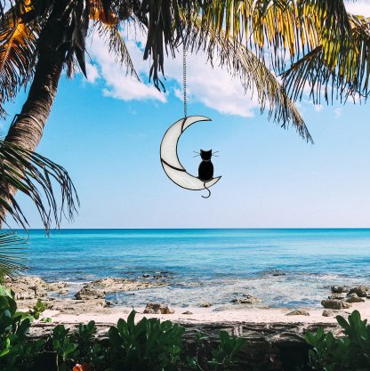 Black Cat Decor On White Moon Stained Glass