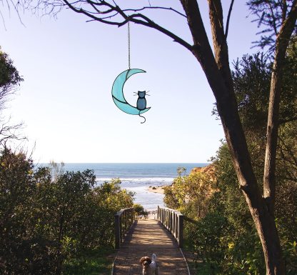 Black Cat Decor On White Moon Stained Glass