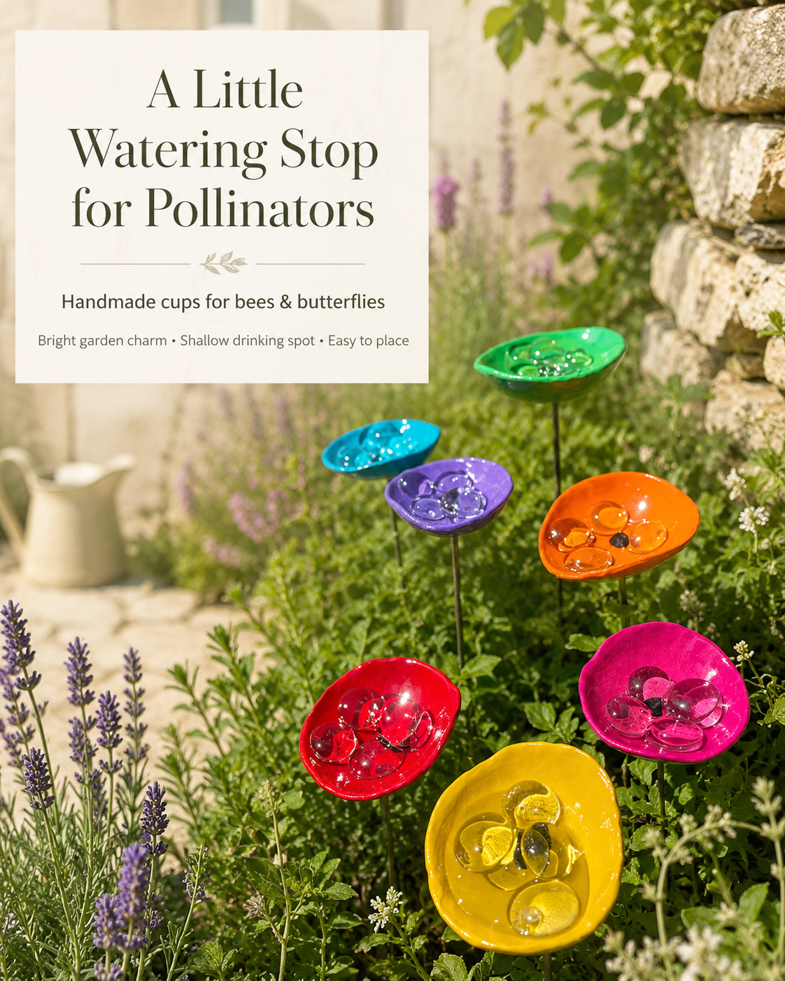 Handmade bee watering cups in a flower garden