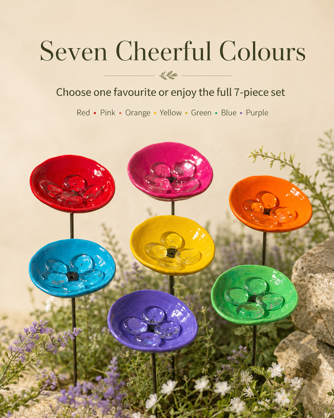 Seven colourful bee watering cups with glass beads