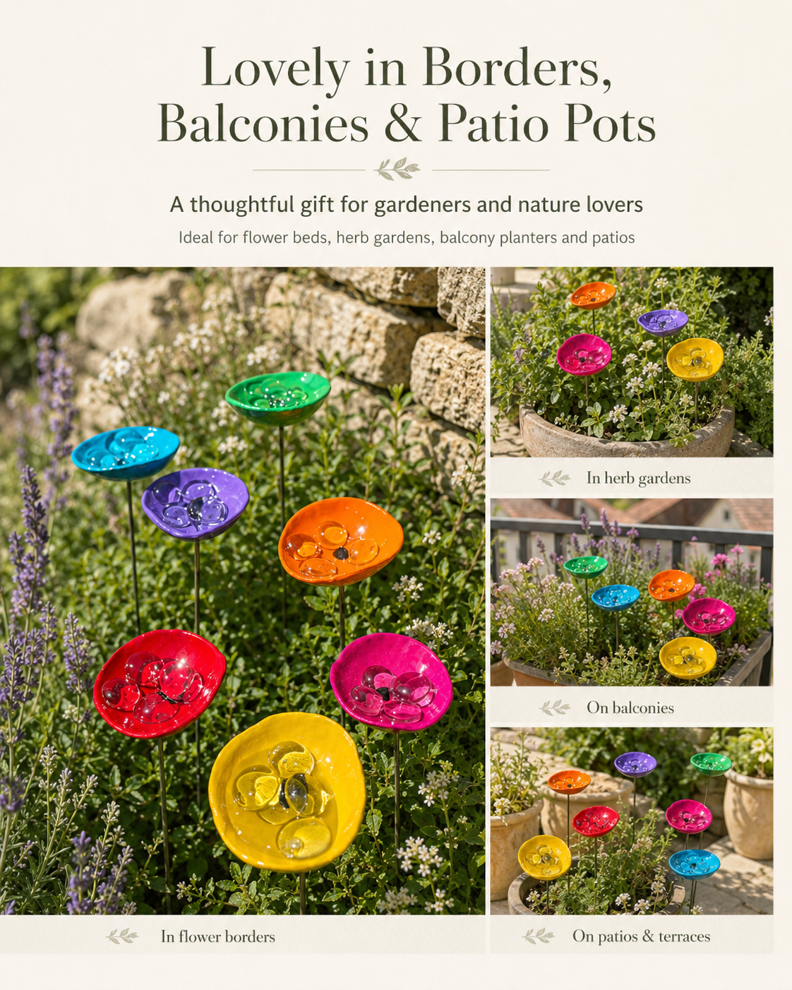 Bee watering cups in flower borders, balcony planters and patio pots