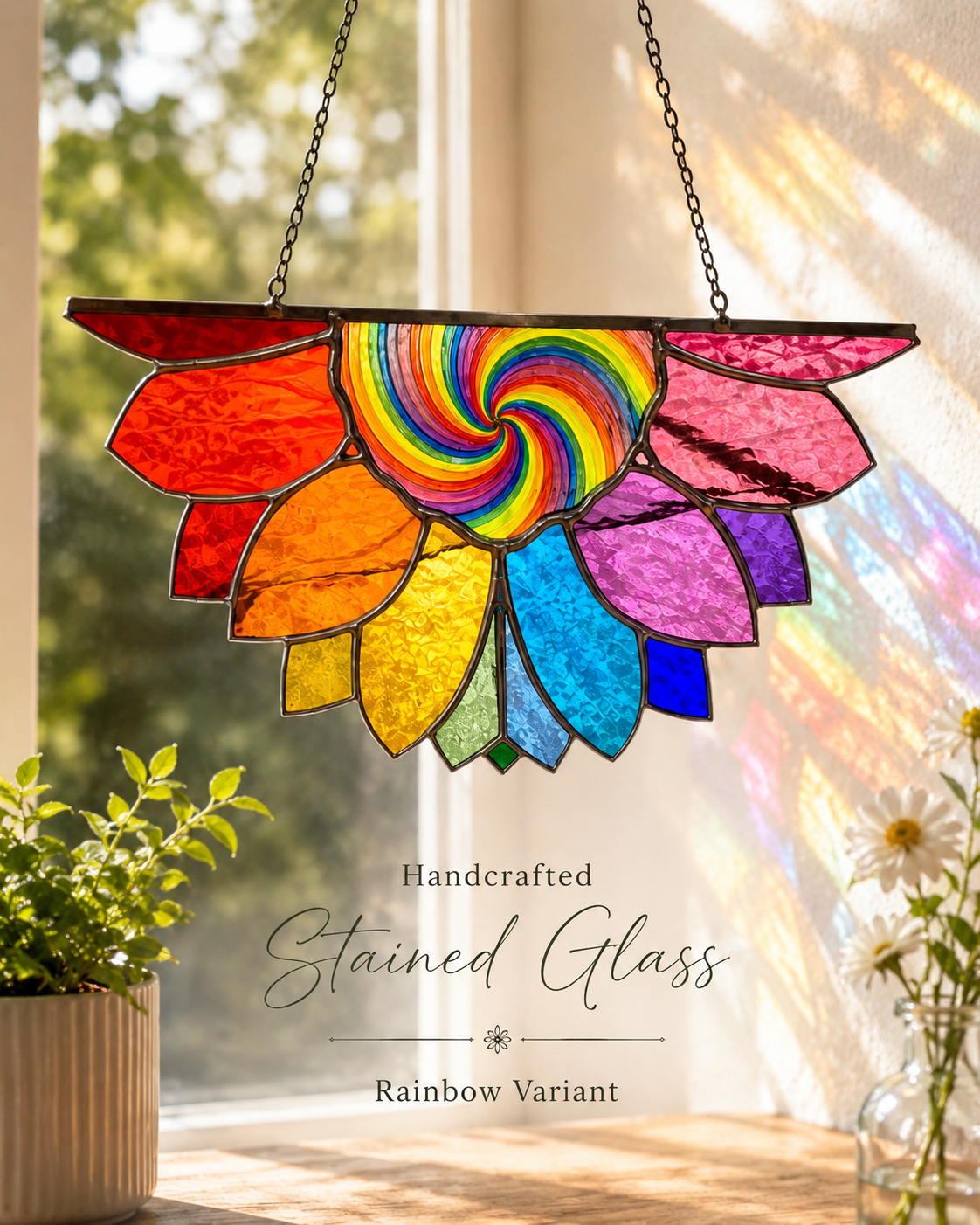 Rainbow sunflower styled in a sunny home window